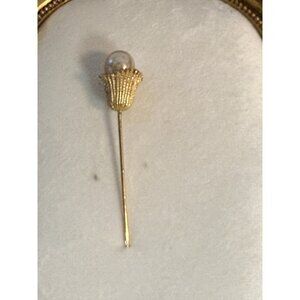 Vintage Pearl Stick Pin Gold Tone Filigree Hat Lapel Tie Scarf Pin 2.5"